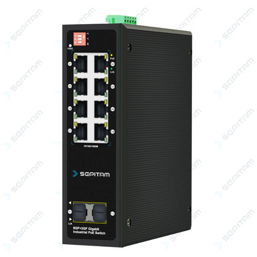 سوئیچ صنعتی PoE دارای هشت پورت 1Gbps PoE RJ45 و دو پورت 1Gbps SFP ( مدل: Sepitam-PI208G-DF )