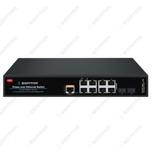 سوئیچ سازمانی PoE مدیریتی دارای هشت پورت 1Gbps PoE RJ45و دو پورت 1Gbps SFP RJ45 -استاندارد at/af( مدل: Sepitam-PS208G-DFM-at )