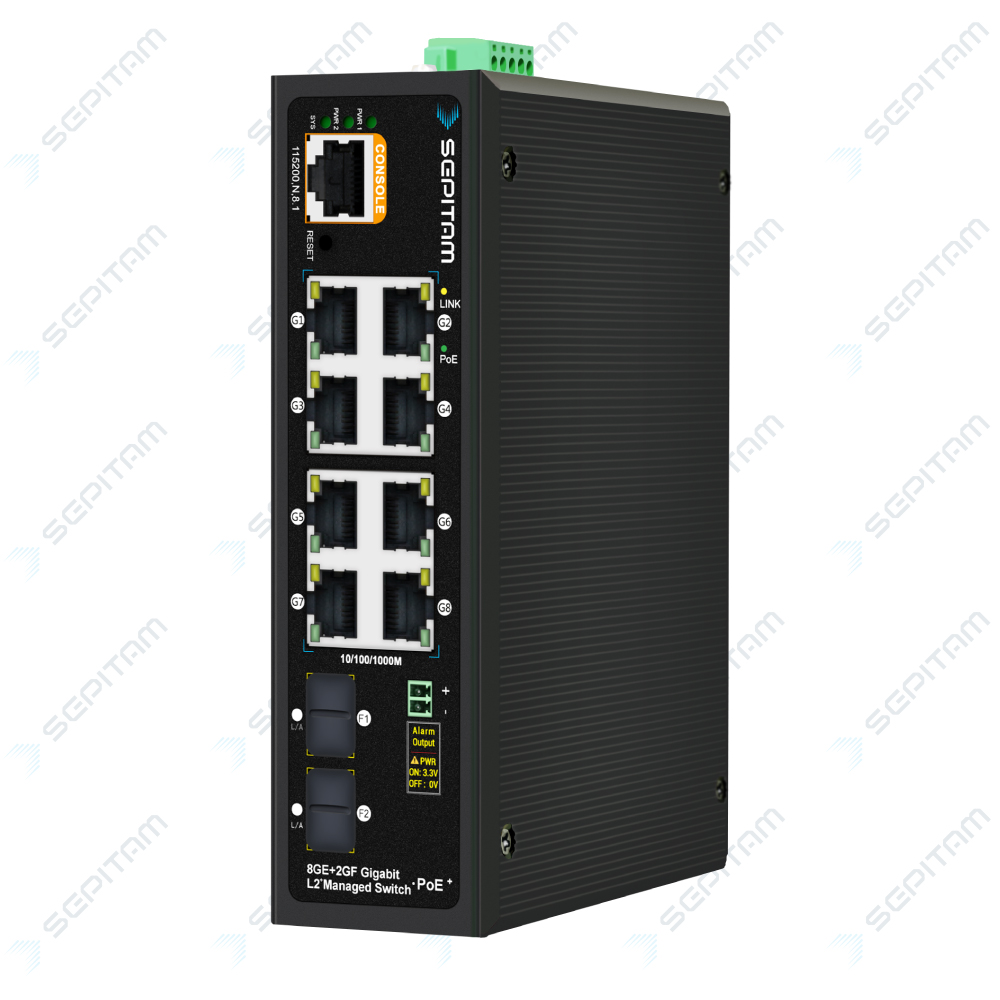 سوئیچ صنعتی PoE مدیریتی دارای هشت پورت 1Gbps RJ45 و دو پورت 1Gbps SFP ( مدل: Sepitam-PI208G-DFM )