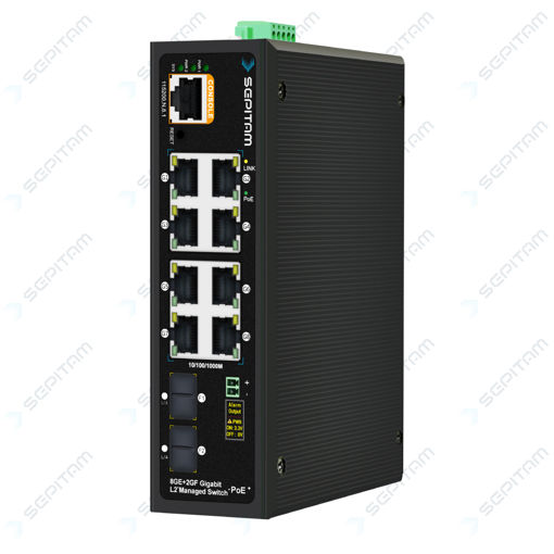 سوئیچ صنعتی PoE مدیریتی دارای هشت پورت 1Gbps RJ45 و دو پورت 1Gbps SFP ( مدل: Sepitam-PI208G-DFM )