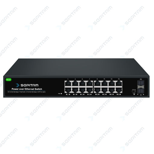 سوئیچ ECO PoE دارای شانزده پورت 1Gbps PoE RJ45 و دو پورت 1Gbps SFP ( مدل: Sepitam-PS216G-DF-Eco )