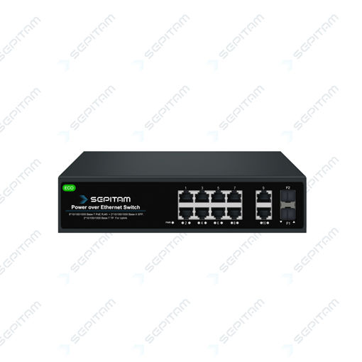 سوئیچ شبکه PoE سری ECO دارای هشت پورت 1Gbps PoE RJ45، دو پورت 1Gbps RJ45 و دو پورت 1Gbps SFP ( مدل: Sepitam-PS408G-DGDF )