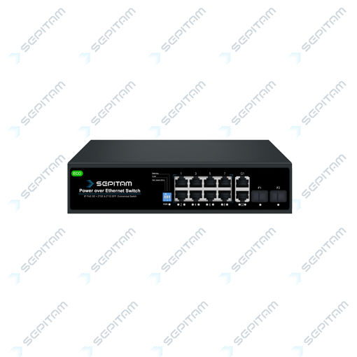 سوئیچ شبکه PoE سری ECO دارای هشت پورت 1Gbps PoE RJ45، دو پورت 1Gbps RJ45 و دو پورت 1Gbps SFP ( مدل: Sepitam-PS408G-DGDF-ECO )