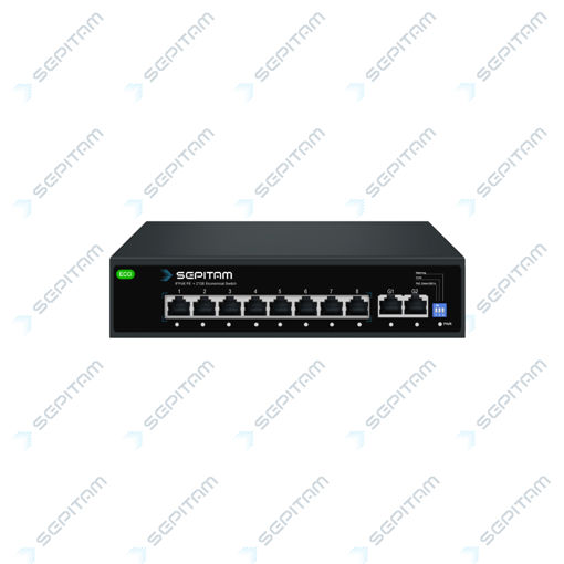سوئیچ شبکه PoE سری ECO دارای هشت پورت  100Mbps PoE RJ45، دو پورت 1Gbps RJ45 (مدل: Sepitam-PS208E-DG-ECO )