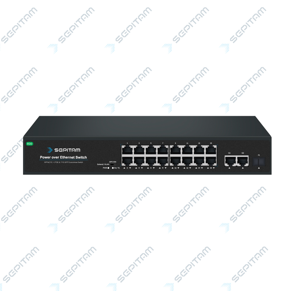 سوئیچ PoE ۱۶ پورت سپیتام با ۲ پورت آپلینک گیگابیت و ۱ پورت SFP مدل Sepitam-PS316E-DGF-ECO